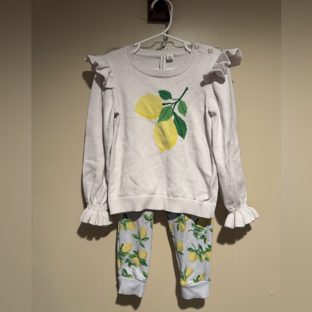 Janie And Jack Lemon Ruffle shoulder Sweater & Pant Set Girl's Size 5